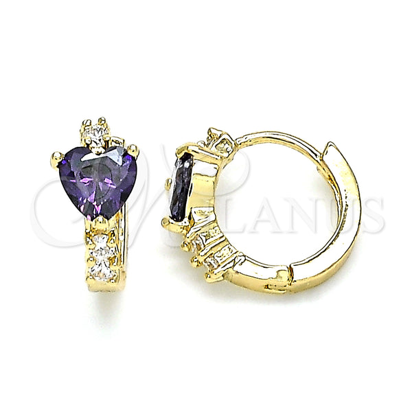 Gold Filled Hoop Earrings — Huggie Hoop Heart Design with Amethyst and White — main product view — SKU 146280 | Oro Laminado aretes de aro — Huggie Hoop corazón diseño with Amethyst and blanco — SKU 146280