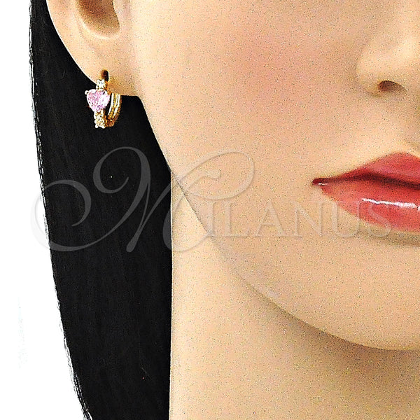 Gold Filled Hoop Earrings — Huggie Hoop Heart Design with Pink and White — alternate product view — SKU 146281 | Oro Laminado aretes de aro — Huggie Hoop corazón diseño with Pink and blanco — SKU 146281