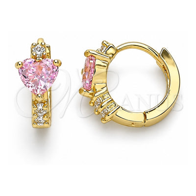 Oro Laminado Huggie Hoop, Gold Filled Style Heart Design, with Pink and White Cubic Zirconia, Polished, Golden Finish, 02.210.0647.4.15