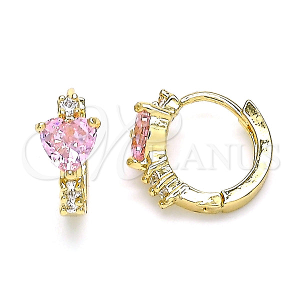 Gold Filled Hoop Earrings — Huggie Hoop Heart Design with Pink and White — main product view — SKU 146281 | Oro Laminado aretes de aro — Huggie Hoop corazón diseño with Pink and blanco — SKU 146281