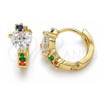 Oro Laminado Huggie Hoop, Gold Filled Style Heart Design, with Multicolor Cubic Zirconia, Polished, Golden Finish, 02.210.0647.5.15