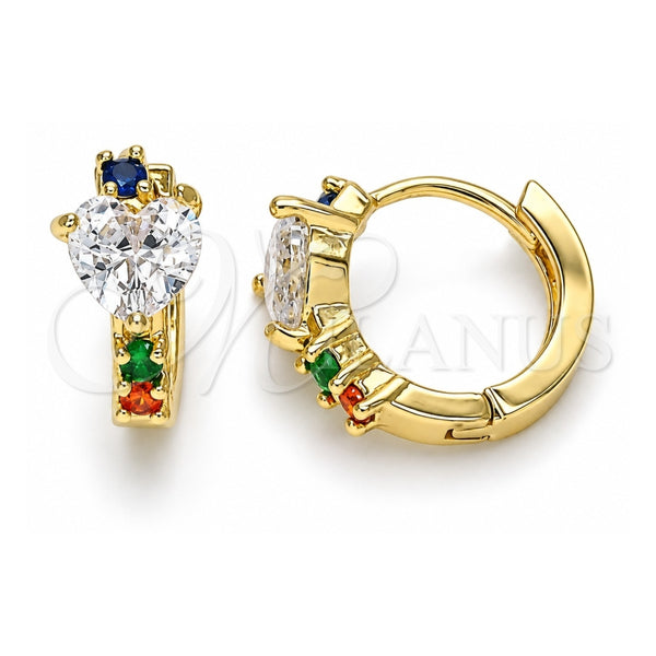 Oro Laminado Huggie Hoop, Gold Filled Style Heart Design, with Multicolor Cubic Zirconia, Polished, Golden Finish, 02.210.0647.5.15