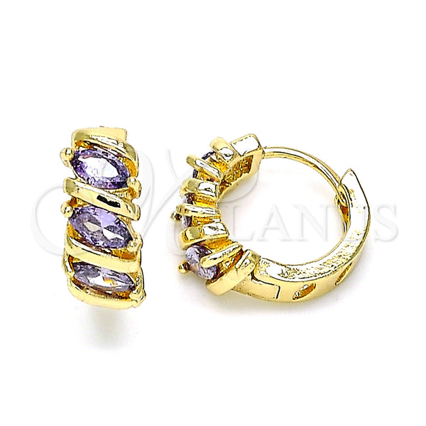 Gold Filled Hoop Earrings — Huggie Hoop with Amethyst Cubic Zirconia Polished 02. — main product view — SKU 146286 | Oro Laminado aretes de aro — Huggie Hoop with Amethyst Cubic Zirconia pulido 02. — SKU 146286