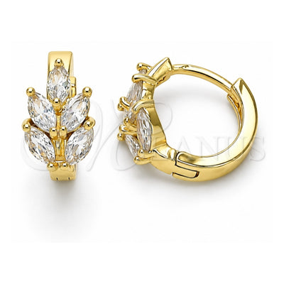 Oro Laminado Huggie Hoop, Gold Filled Style Leaf Design, with White Cubic Zirconia, Polished, Golden Finish, 02.210.0649.15