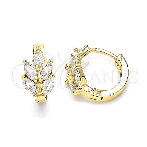 Gold Filled Hoop Earrings — Huggie Hoop Leaf Design with White Cubic Zirconia — main product view — SKU 146289 | Oro Laminado aretes de aro — Huggie Hoop Leaf diseño with blanco Cubic Zirconia — SKU 146289