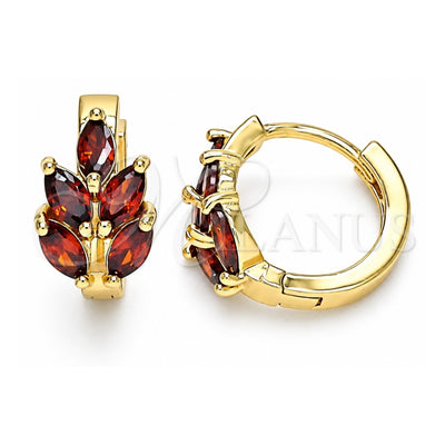 Oro Laminado Huggie Hoop, Gold Filled Style Leaf Design, with Garnet Cubic Zirconia, Polished, Golden Finish, 02.210.0649.1.15