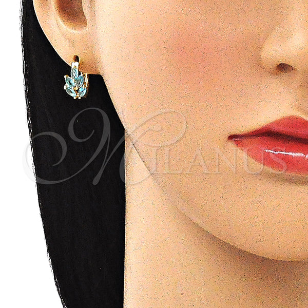 Gold Filled Hoop Earrings — Huggie Hoop Leaf Design with Aqua Blue Cubic — alternate product view — SKU 146291 | Oro Laminado aretes de aro — Huggie Hoop Leaf diseño with Aqua Blue Cubic — SKU 146291