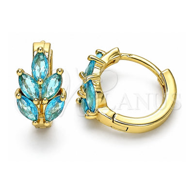 Oro Laminado Huggie Hoop, Gold Filled Style Leaf Design, with Aqua Blue Cubic Zirconia, Polished, Golden Finish, 02.210.0649.2.15