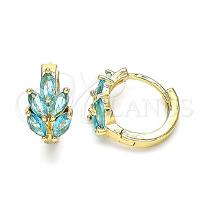 Gold Filled Hoop Earrings — Huggie Hoop Leaf Design with Aqua Blue Cubic — main product view — SKU 146291 | Oro Laminado aretes de aro — Huggie Hoop Leaf diseño with Aqua Blue Cubic — SKU 146291