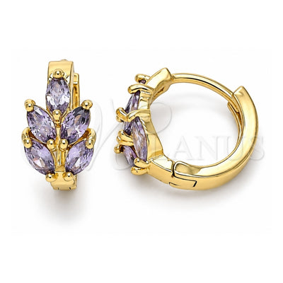 Oro Laminado Huggie Hoop, Gold Filled Style Leaf Design, with Amethyst Cubic Zirconia, Polished, Golden Finish, 02.210.0649.3.15