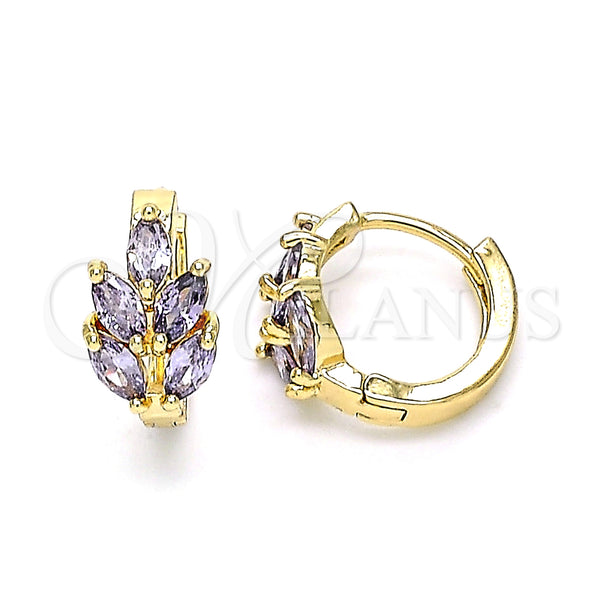 Gold Filled Hoop Earrings — Huggie Hoop Leaf Design with Amethyst Cubic Zirconia — main product view — SKU 146292 | Oro Laminado aretes de aro — Huggie Hoop Leaf diseño with Amethyst Cubic Zirconia — SKU 146292