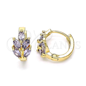 Gold Filled Hoop Earrings — Huggie Hoop Leaf Design with Amethyst Cubic Zirconia — main product view — SKU 146292 | Oro Laminado aretes de aro — Huggie Hoop Leaf diseño with Amethyst Cubic Zirconia — SKU 146292