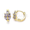 Oro Laminado Huggie Hoop, Gold Filled Style Leaf Design, with Amethyst Cubic Zirconia, Polished, Golden Finish, 02.210.0649.3.15