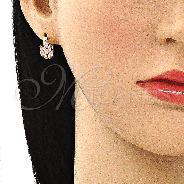 Gold Filled Hoop Earrings — Huggie Hoop Leaf Design with Pink Cubic Zirconia — alternate product view — SKU 146293 | Oro Laminado aretes de aro — Huggie Hoop Leaf diseño with Pink Cubic Zirconia — SKU 146293