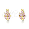 Oro Laminado Huggie Hoop, Gold Filled Style Leaf Design, with Pink Cubic Zirconia, Polished, Golden Finish, 02.210.0649.4.15