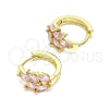 Oro Laminado Huggie Hoop, Gold Filled Style Leaf Design, with Pink Cubic Zirconia, Polished, Golden Finish, 02.210.0649.4.15