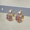Oro Laminado Huggie Hoop, Gold Filled Style Leaf Design, with Pink Cubic Zirconia, Polished, Golden Finish, 02.210.0649.4.15