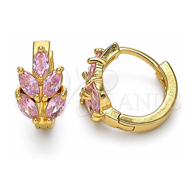 Oro Laminado Huggie Hoop, Gold Filled Style Leaf Design, with Pink Cubic Zirconia, Polished, Golden Finish, 02.210.0649.4.15