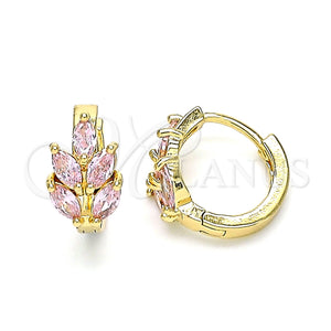 Gold Filled Hoop Earrings — Huggie Hoop Leaf Design with Pink Cubic Zirconia — main product view — SKU 146293 | Oro Laminado aretes de aro — Huggie Hoop Leaf diseño with Pink Cubic Zirconia — SKU 146293