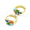 Oro Laminado Huggie Hoop, Gold Filled Style Leaf Design, with Multicolor Cubic Zirconia, Polished, Golden Finish, 02.210.0649.5.15