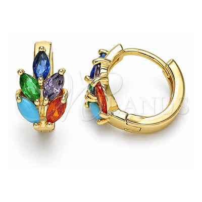 Oro Laminado Huggie Hoop, Gold Filled Style Leaf Design, with Multicolor Cubic Zirconia, Polished, Golden Finish, 02.210.0649.5.15