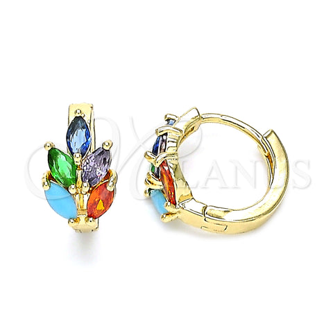 Oro Laminado Huggie Hoop, Gold Filled Style Leaf Design, with Multicolor Cubic Zirconia, Polished, Golden Finish, 02.210.0649.5.15
