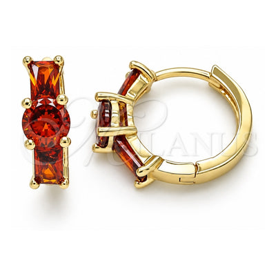 Oro Laminado Huggie Hoop, Gold Filled Style Baguette Design, with Garnet Cubic Zirconia, Polished, Golden Finish, 02.210.0651.1.15