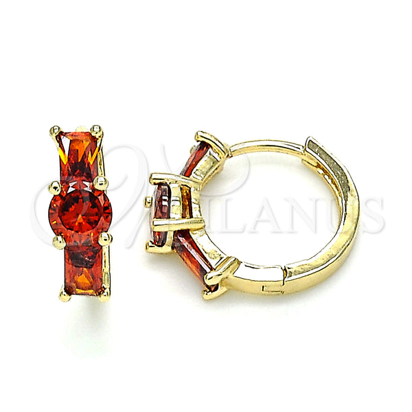 Gold Filled Hoop Earrings — Huggie Hoop Baguette Design with Garnet Cubic Zirconia — main product view — SKU 146302 | Oro Laminado aretes de aro — Huggie Hoop Baguette diseño with Garnet Cubic Zirconia — SKU 146302