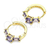 Oro Laminado Huggie Hoop, Gold Filled Style Baguette Design, with Amethyst Cubic Zirconia, Polished, Golden Finish, 02.210.0651.3.15