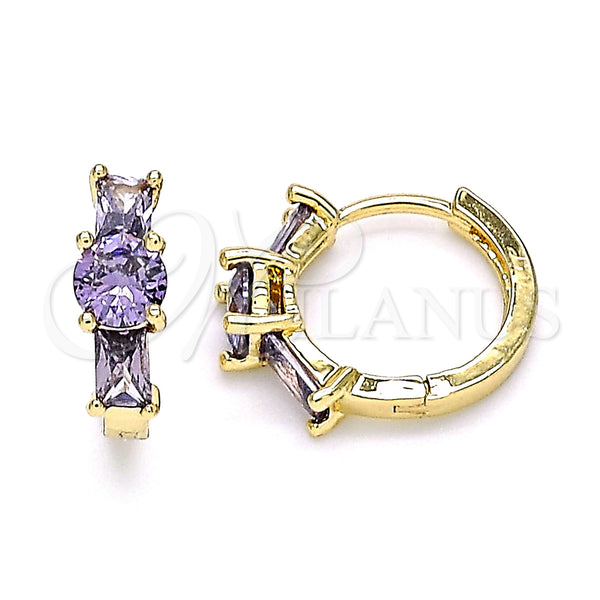 Gold Filled Hoop Earrings — Huggie Hoop Baguette Design with Amethyst Cubic Zirconia — main product view — SKU 146304 | Oro Laminado aretes de aro — Huggie Hoop Baguette diseño with Amethyst Cubic Zirconia — SKU 146304