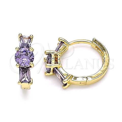 Oro Laminado Huggie Hoop, Gold Filled Style Baguette Design, with Amethyst Cubic Zirconia, Polished, Golden Finish, 02.210.0651.3.15