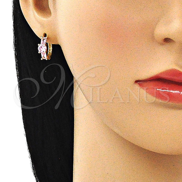 Gold Filled Hoop Earrings — Huggie Hoop Baguette Design with Pink Cubic Zirconia — alternate product view — SKU 146305 | Oro Laminado aretes de aro — Huggie Hoop Baguette diseño with Pink Cubic Zirconia — SKU 146305