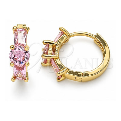 Oro Laminado Huggie Hoop, Gold Filled Style Baguette Design, with Pink Cubic Zirconia, Polished, Golden Finish, 02.210.0651.4.15