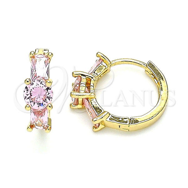 Gold Filled Hoop Earrings — Huggie Hoop Baguette Design with Pink Cubic Zirconia — main product view — SKU 146305 | Oro Laminado aretes de aro — Huggie Hoop Baguette diseño with Pink Cubic Zirconia — SKU 146305