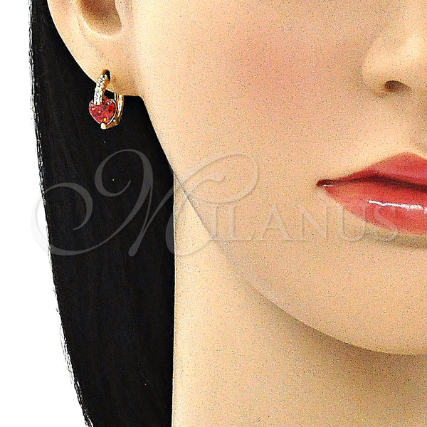 Gold Filled Hoop Earrings — Huggie Hoop Heart Design with Garnet and White — alternate product view — SKU 146307 | Oro Laminado aretes de aro — Huggie Hoop corazón diseño with Garnet and blanco — SKU 146307