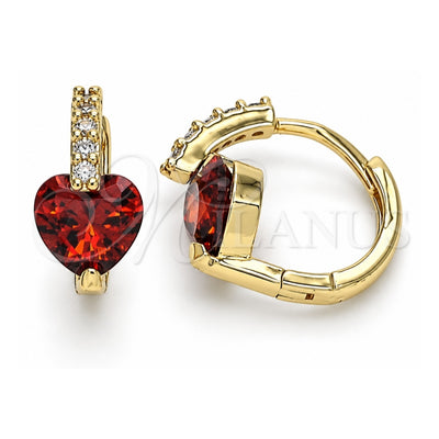 Oro Laminado Huggie Hoop, Gold Filled Style Heart Design, with Garnet and White Cubic Zirconia, Polished, Golden Finish, 02.210.0652.1.15