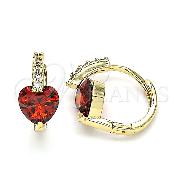 Gold Filled Hoop Earrings — Huggie Hoop Heart Design with Garnet and White — main product view — SKU 146307 | Oro Laminado aretes de aro — Huggie Hoop corazón diseño with Garnet and blanco — SKU 146307