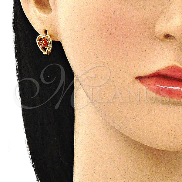 Gold Filled Hoop Earrings — Huggie Hoop Flower and Heart Design with Garnet — alternate product view — SKU 146311 | Oro Laminado aretes de aro — Huggie Hoop flor and corazón diseño with Garnet — SKU 146311