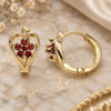 Oro Laminado Huggie Hoop, Gold Filled Style Flower and Heart Design, with Garnet Cubic Zirconia, Polished, Golden Finish, 02.210.0653.15