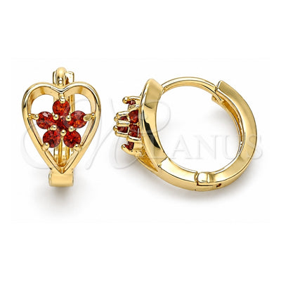 Oro Laminado Huggie Hoop, Gold Filled Style Flower and Heart Design, with Garnet Cubic Zirconia, Polished, Golden Finish, 02.210.0653.15