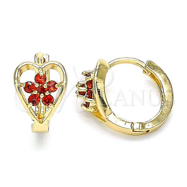 Gold Filled Hoop Earrings — Huggie Hoop Flower and Heart Design with Garnet — main product view — SKU 146311 | Oro Laminado aretes de aro — Huggie Hoop flor and corazón diseño with Garnet — SKU 146311