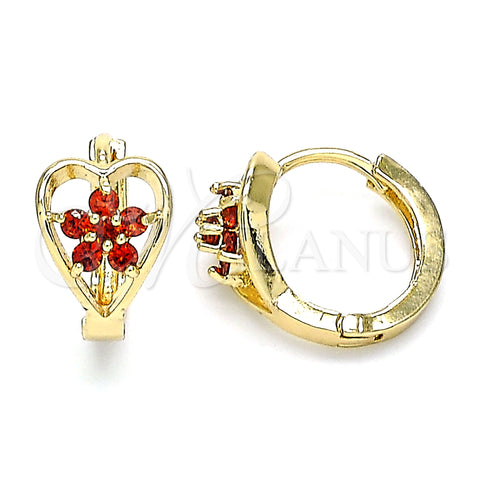 Oro Laminado Huggie Hoop, Gold Filled Style Flower and Heart Design, with Garnet Cubic Zirconia, Polished, Golden Finish, 02.210.0653.15