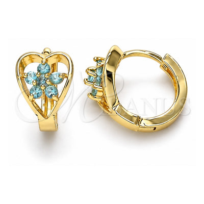 Oro Laminado Huggie Hoop, Gold Filled Style Flower and Heart Design, with Aqua Blue Cubic Zirconia, Polished, Golden Finish, 02.210.0653.1.15