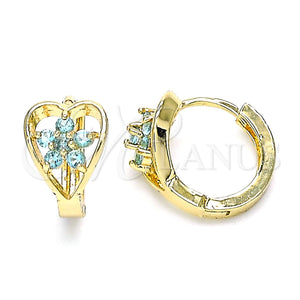 Gold Filled Hoop Earrings — Huggie Hoop Flower and Heart Design with Aqua — main product view — SKU 146312 | Oro Laminado aretes de aro — Huggie Hoop flor and corazón diseño with Aqua — SKU 146312