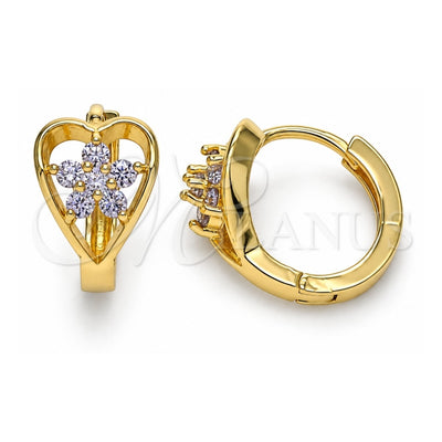 Oro Laminado Huggie Hoop, Gold Filled Style Flower Design, with Amethyst Cubic Zirconia, Polished, Golden Finish, 02.210.0653.2.15