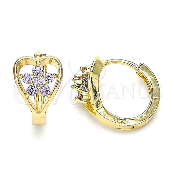 Gold Filled Hoop Earrings — Huggie Hoop Flower Design with Amethyst Cubic Zirconia — main product view — SKU 146313 | Oro Laminado aretes de aro — Huggie Hoop flor diseño with Amethyst Cubic Zirconia — SKU 146313