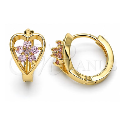 Oro Laminado Huggie Hoop, Gold Filled Style Flower and Heart Design, with Pink Cubic Zirconia, Polished, Golden Finish, 02.210.0653.3.15