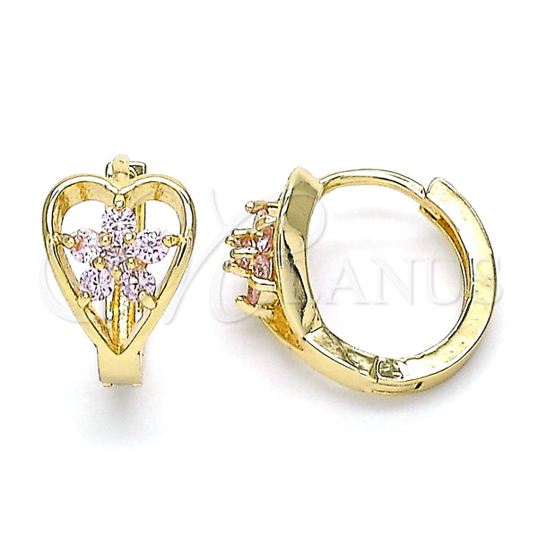Gold Filled Hoop Earrings — Huggie Hoop Flower and Heart Design with Pink — main product view — SKU 146314 | Oro Laminado aretes de aro — Huggie Hoop flor and corazón diseño with Pink — SKU 146314