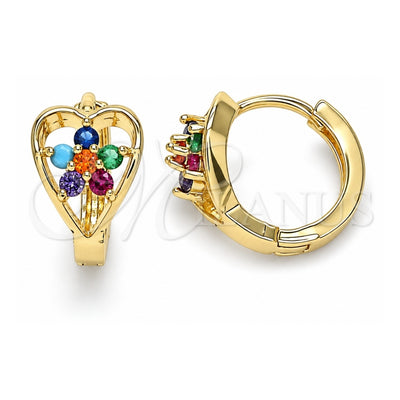 Oro Laminado Huggie Hoop, Gold Filled Style Flower and Heart Design, with Multicolor Cubic Zirconia, Polished, Golden Finish, 02.210.0653.4.15