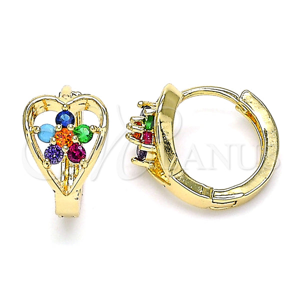 Gold Filled Hoop Earrings — Huggie Hoop Flower and Heart Design with Multicolor — main product view — SKU 146315 | Oro Laminado aretes de aro — Huggie Hoop flor and corazón diseño with Multicolor — SKU 146315